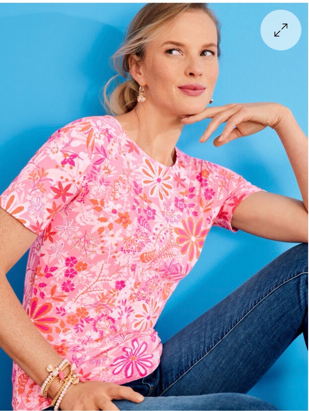 Talbots Cotton Pink Floral Crew Neck Tee Size M EUC